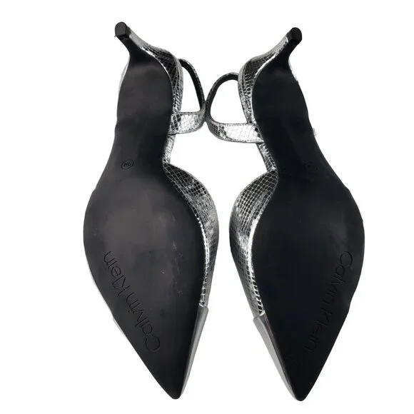 Calvin Klein Slingback Silver 2” Heels 9 Pointy Toe Worn Once Like New Condition - Picture 6 of 10
